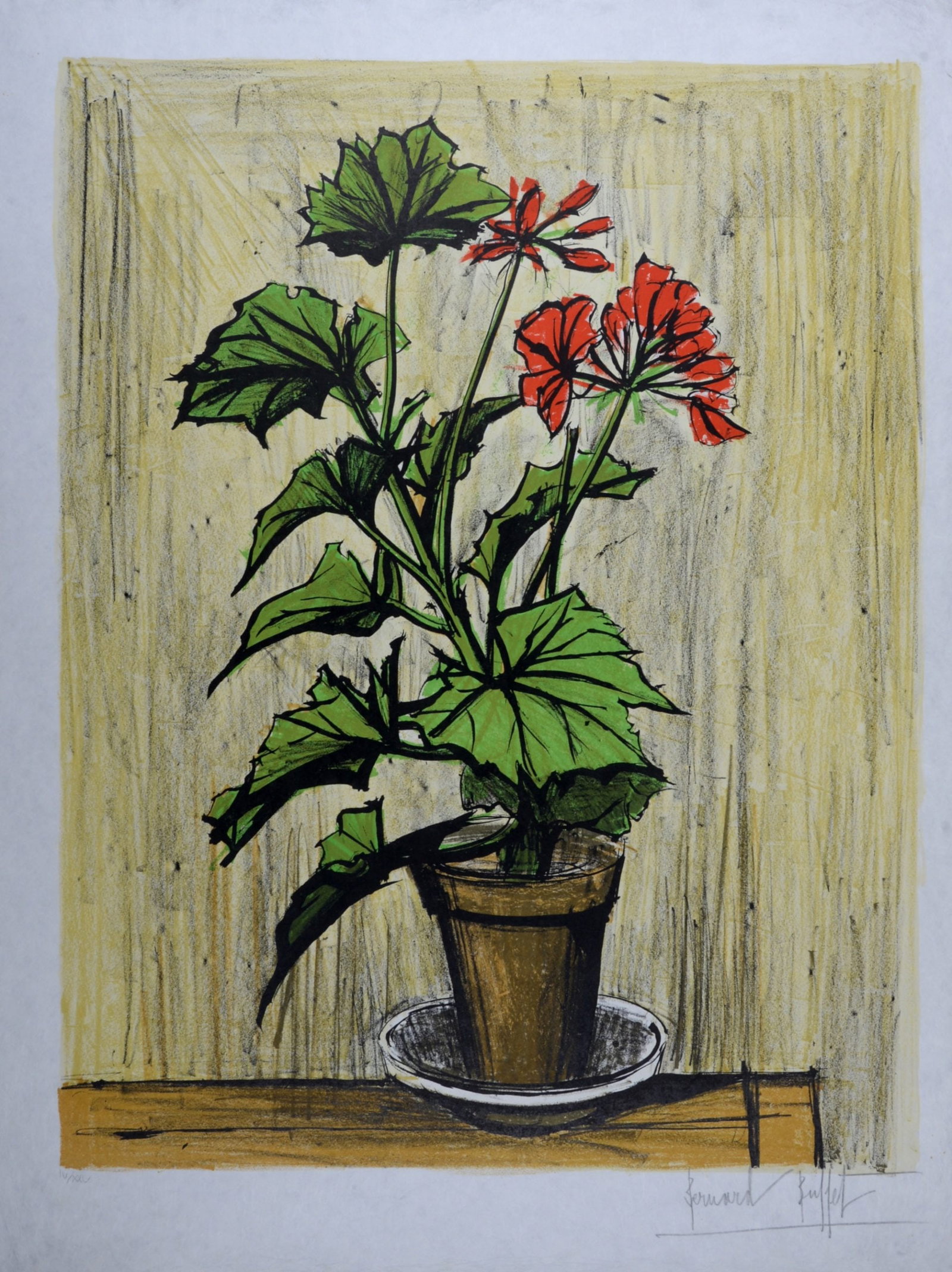 Bernard Buffet : Le pot de geraniums, 1976 - Hand-signed: Bernard Buffet (1928-1999)Le pot de geraniums, 1976Lithograph on pearly Japan paper.Hand-signed in pencil lower right margin.Numbered in pencil IV/XXL lower left.Dimensions:+ Size of the sheet: 75,5 x