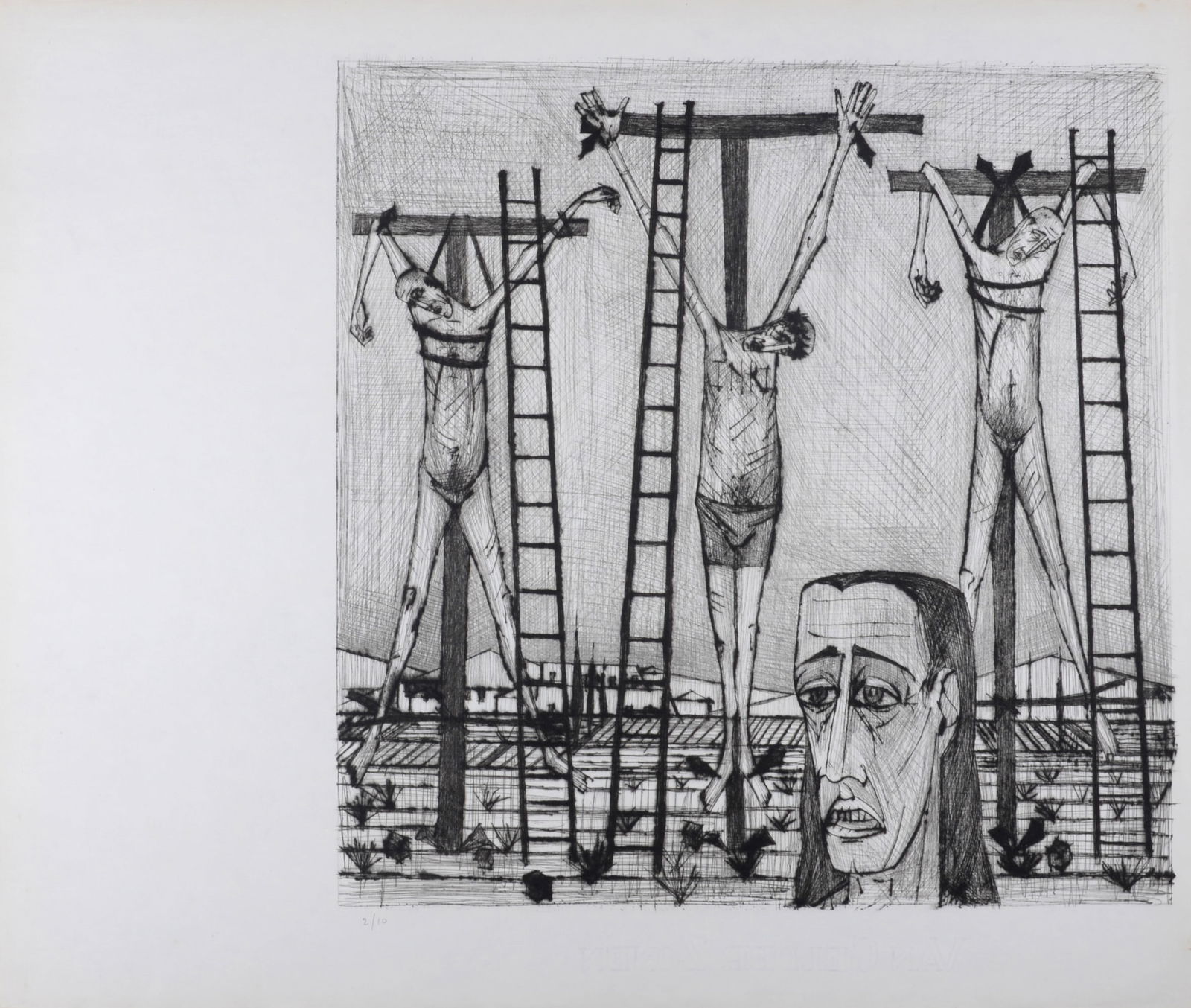 Bernard Buffet : Crucifixion, La Passion du Christ, 1954: Bernard Buffet (1928-1999)Crucifixion, La Passion du Christ, 1954Etching (drypoint) on Hollande van Gelder paper.Hand-numbered in pencil lower left.With Van Gelder Zonen watermark lower margin.Dimensi
