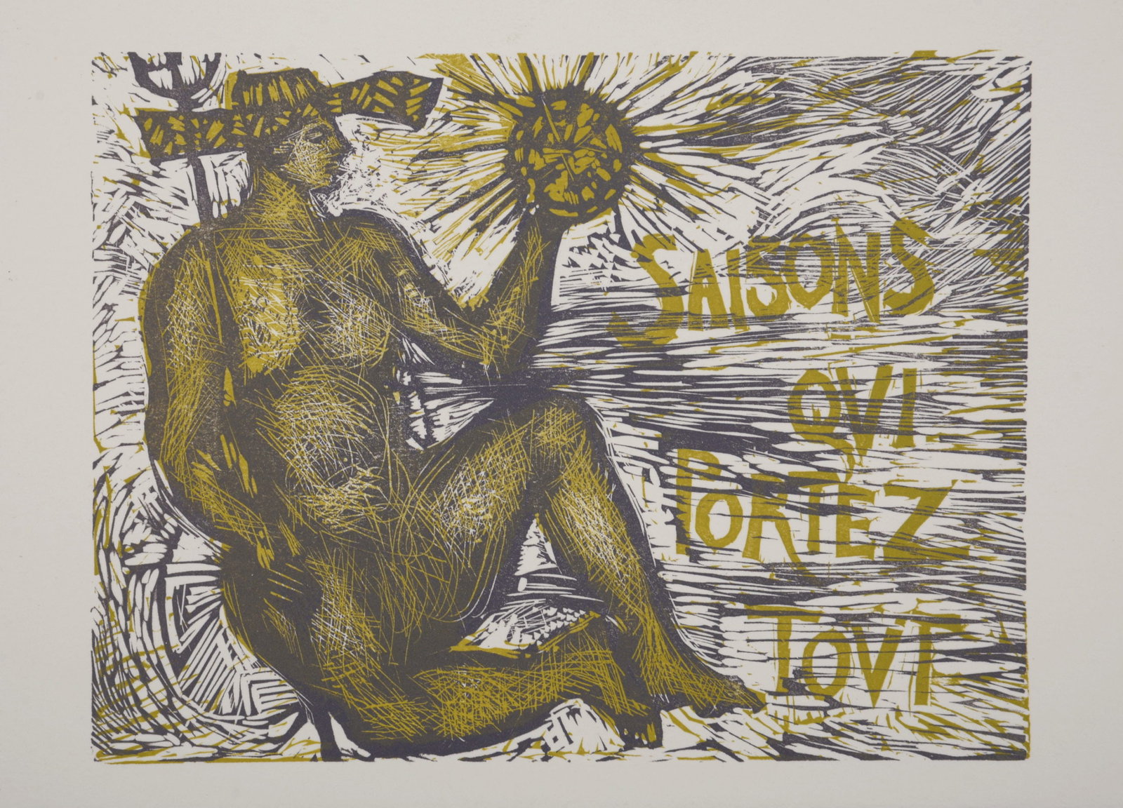 Jacques Hallez : Saisons qui portez tout (Heraclite d'Ephese), 1992: Jacques Hallez (1923-2021)Saisons qui portez tout (Heraclite d'Ephese), 1992Original woodcut (greeting card) on vellum paper.Dimensions:+ Size of the card : 24,5 x 18 cm / 9,6 x 7 in.+ Size of card op
