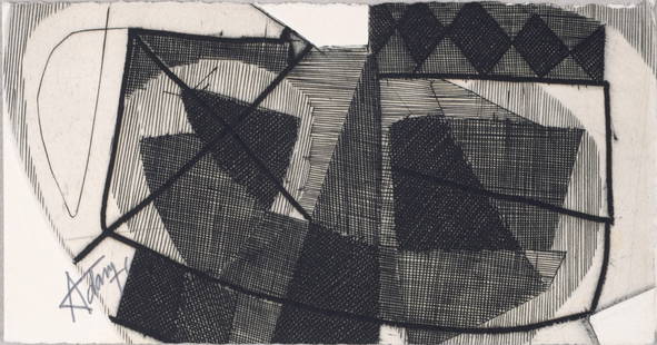Henri-Georges Adam : Abstract Composition, 1957: Henri-Georges Adam (1904-1967) Abstract Composition, 1957 Original engraving (greeting card) on vellum paper. Dimensions: + Size of the card : 9,8 x 22 cm / 3.86 x 8.66 in. + Size of card opened :