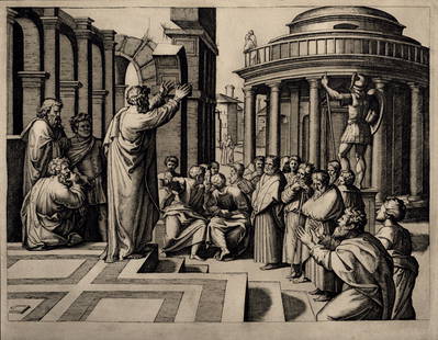 Marc Antoine Raimondi (After) - Saint Paul prechant a Athenes, circa 1870: Marc Antoine Raimondi (After) Saint Paul prechant a Athenes, c. 1870 Heliogravure on Verge paper, after 1517-1520 Marc Antoine Raimondi's etching (referenced in Bartsch #44). Charles Amand-Durand's