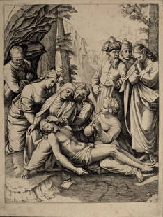 Marc Antoine Raimondi (After) - Les Maries pleurant le corps mort de Jesus-Christes, circa 1870: Marc Antoine Raimondi (After) Les Maries pleurant le corps mort de Jesus-Christ, c. 1870 Heliogravure on Verge paper, after 1505 Marc Antoine Raimondi's etching (referenced in Bartsch #37). Charles