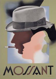 Anonyme : Mossant, circa 1935: Anonyme Mossant, c. 1935 Lithograph poster on wove paper, in Leonetto Cappiello's style. Dimensions: + Size of the sheet: 40 x 26 cm / 15,7 x 10,2 in. Published on the occasion of the well-known hat