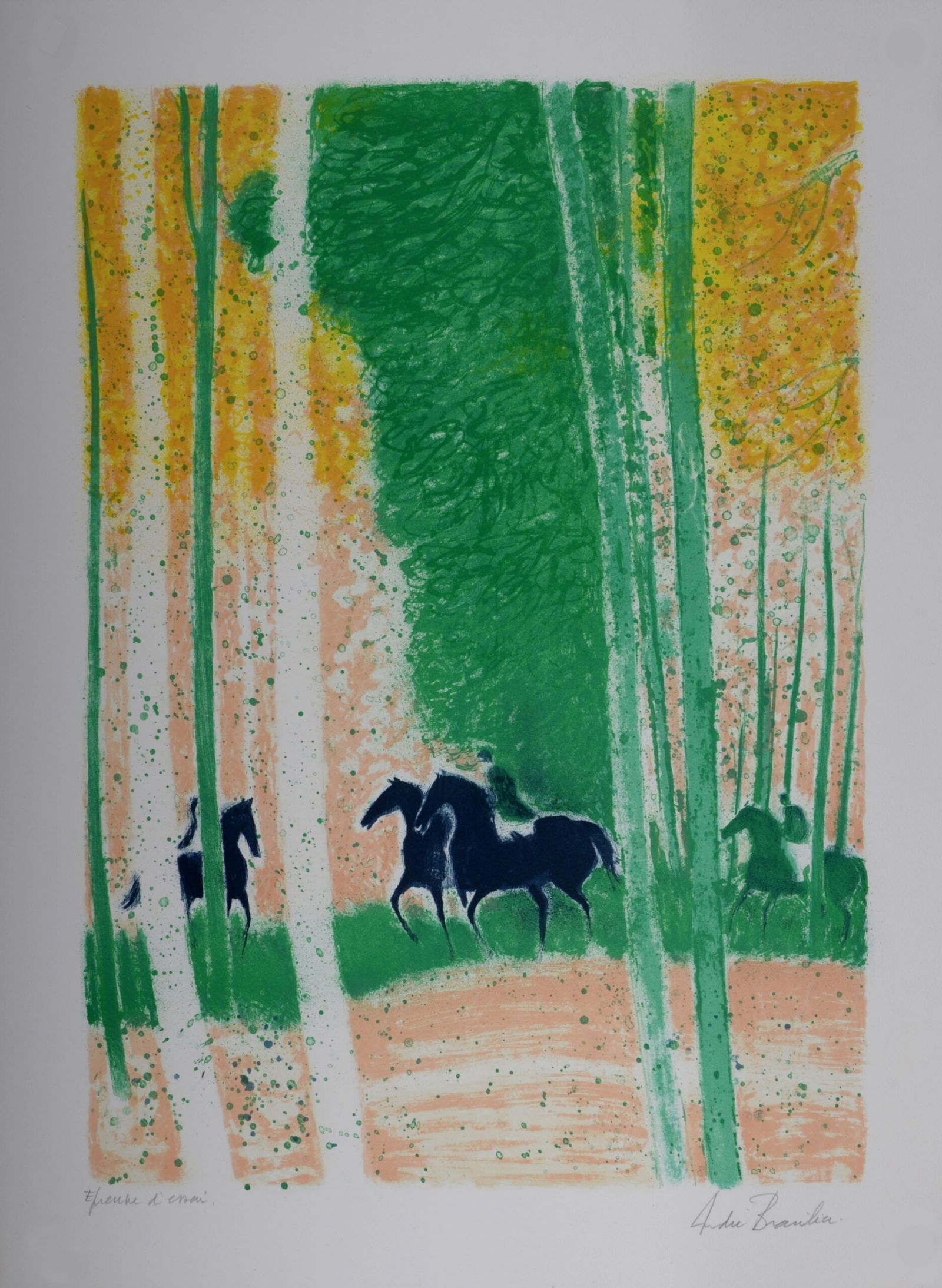 Andre Brasilier : L'Automne, 1991 - Hand-signed: Andre Brasilier (1929-)L'Automne, 1991Lithograph in colors on wove paper.Hand-signed in pencil lower right margin.Annotated in pencil "Epreuve d'essai" (Trial proof) lower left margin.Dimensions:+ Siz