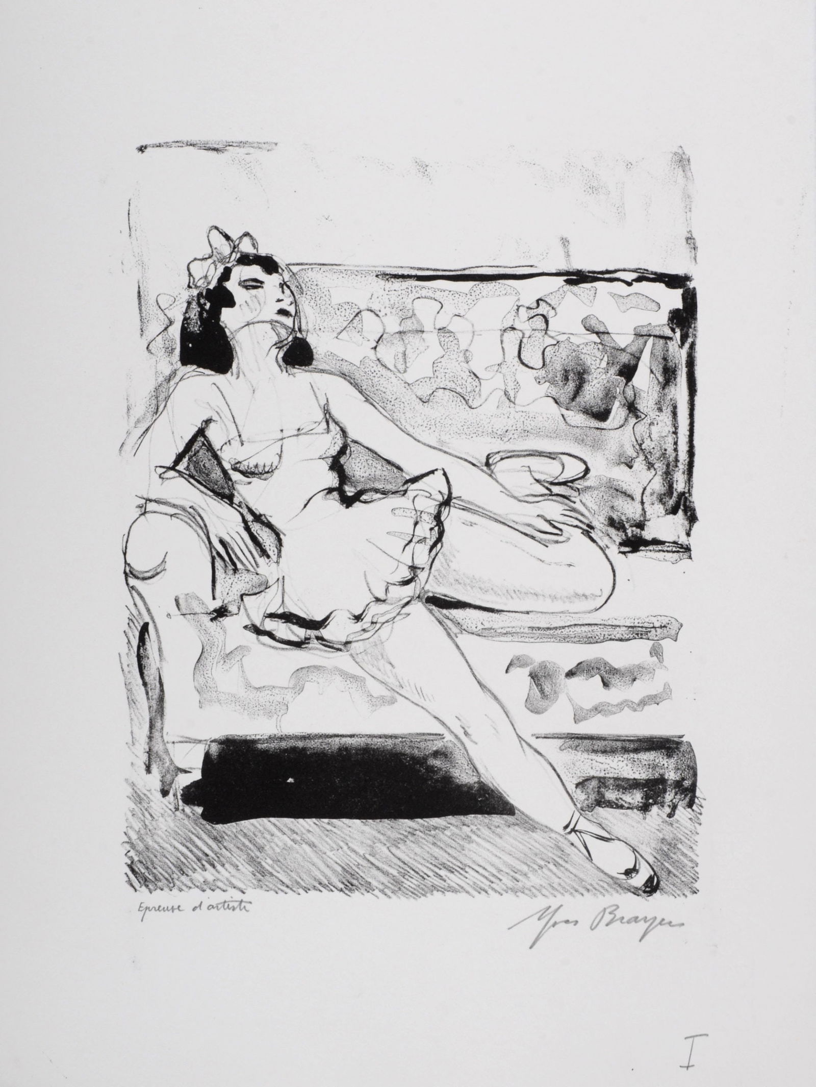 Yves Brayer - Danseuse au canape, 1949 - Hand-signed: Yves Brayer (1907-1990)Danseuse au canape, 1949Lithograph in colors on BFK Rives paper.Hand-signed in pencil lower right margin.Annotated in pencil "Epreuve d'artiste" (Artist's proof) lower left marg