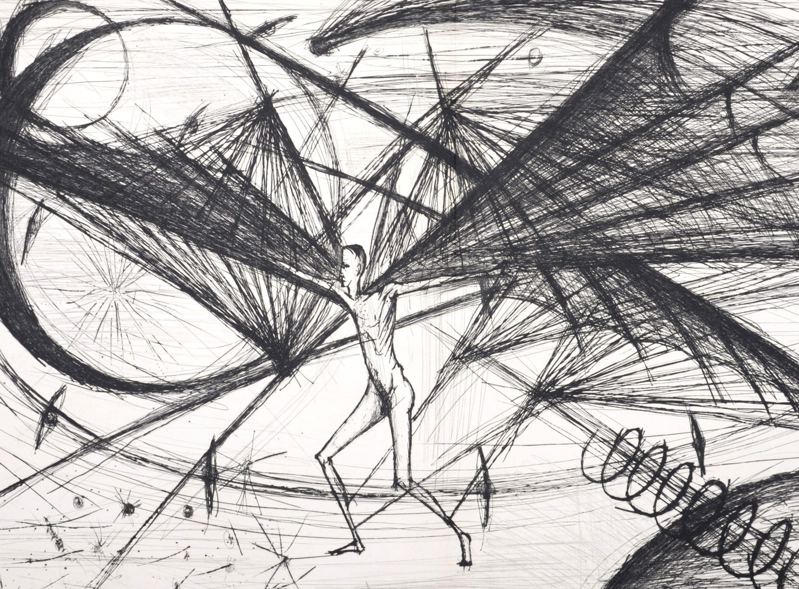 Bernard Buffet - Voyages fantastiques de Cyrano de Bergerac, 1958: Bernard BuffetVoyages fantastiques de Cyrano de Bergerac, 1958 Original etching (drypoint) on velin paper, printed on one double page.Edition of 281.Dimensions:+ Size of the sheet: 40.7 x 66 cm / 16 x