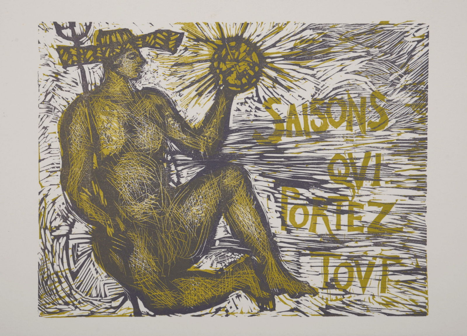 Jacques Hallez : Saisons qui portez tout (Heraclite d'Ephese), 1992: Jacques Hallez (1923-2021)Saisons qui portez tout (Heraclite d'Ephese), 1992Original woodcut (greeting card) on vellum paper.Dimensions:+ Size of the card : 24,5 x 18 cm / 9,6 x 7 in.+ Size of card op