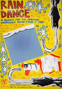 Keith Haring (with Andy Warhol, Jean Michel Basquiat, Roy Lichtenstein and Yoko Ono) : Rain Dance,: Keith Haring (with Andy Warhol, Jean Michel Basquiat, Roy Lichtenstein and Yoko Ono)Rain Dance, 1985Original Offset lithograph on paper. This is the rare first printing!Screen-printed signatures of al