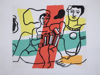 Fernand Leger - L'Enfant a l'accordeon, 1953: Fernand Leger (1881-1955)L'Enfant a l'accordeon, 1953Etching (aquatint) and screen-print in colors on BFK Rives paper.Numbered 46/75 in pencil lower left margin.With BFK watermark lower margin.Dimensi