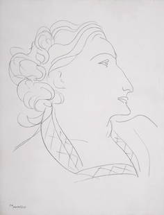 Henri Matisse (After) : Portrait de femme, 1943: Henri Matisse (After)Portrait de femme, 1943Lithograph in black and white on vellum paper, after a drawing by the artist.Plate-signed lower left and inscribed in the plate "O16".Dimensions:+ Size of t