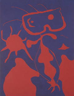 Joan Miro : Femme avec soleil rouge, 1959: Joan Miro (1893-1983)Femme avec soleil rouge, 1959Woodcut print on wove paper.Signed on the plate right margin.Dimensions:+ Size of the sheet: 31,5 x 24 cm / 12,4 x 9,4 in.Edition of 2 000From "Revue