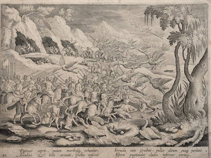 Jan van der Straet, called "Stradanus" : Pygmies on Goats Hunting Crane, circa 1596: Jan van der Straet, called "Stradanus" (1523–1605)Pygmies on Goats Hunting Crane, circa 1596.Etching on fine laid paper.Numbered on plate below the image borderline: (left) “80”Inscribed on