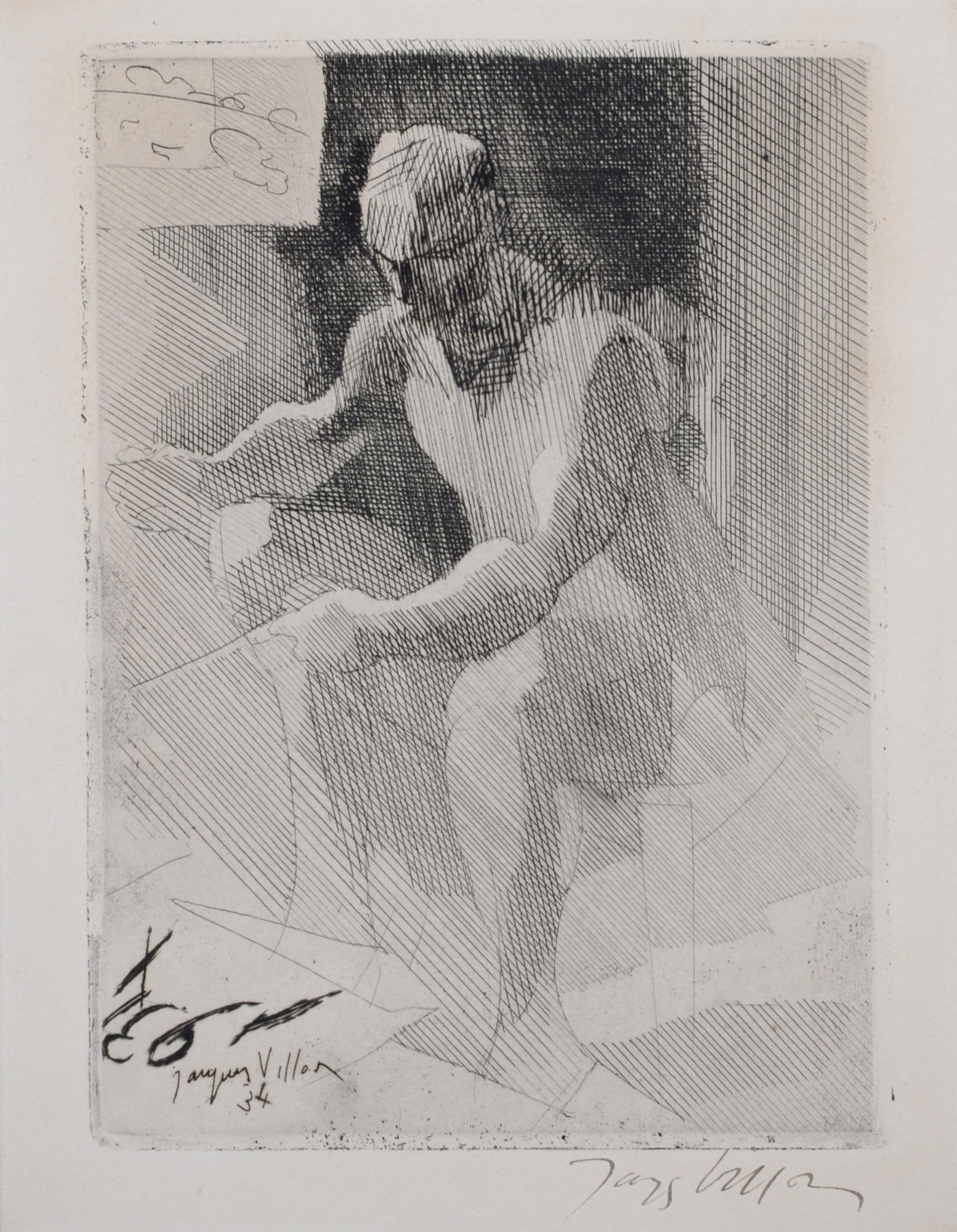 Jacques Villon : Le Peintre decorateur, 1934 - Hand-signed: Jacques Villon (1875-1963)Le Peintre decorateur, 1934Drypoint and etching on greetings card.Hand-signed lower right margin.Plate-signed and dated in the plate lower left.Dedicated and signed inside th