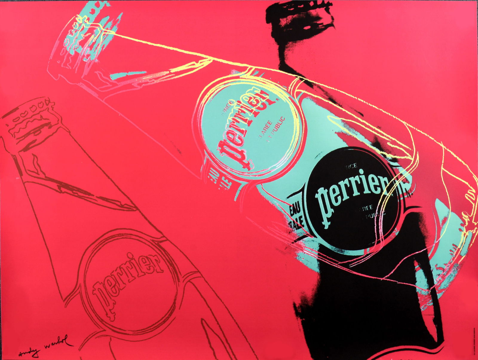 Andy Warhol - Perrier Pink, 1983: Andy Warhol (1928-1987)Perrier Pink, 1983 Offset Lithograph poster on paper.Signed on the plate lower left margin.This pink version of the Perrier design by Andy Warhol is the rarest and most sought-a