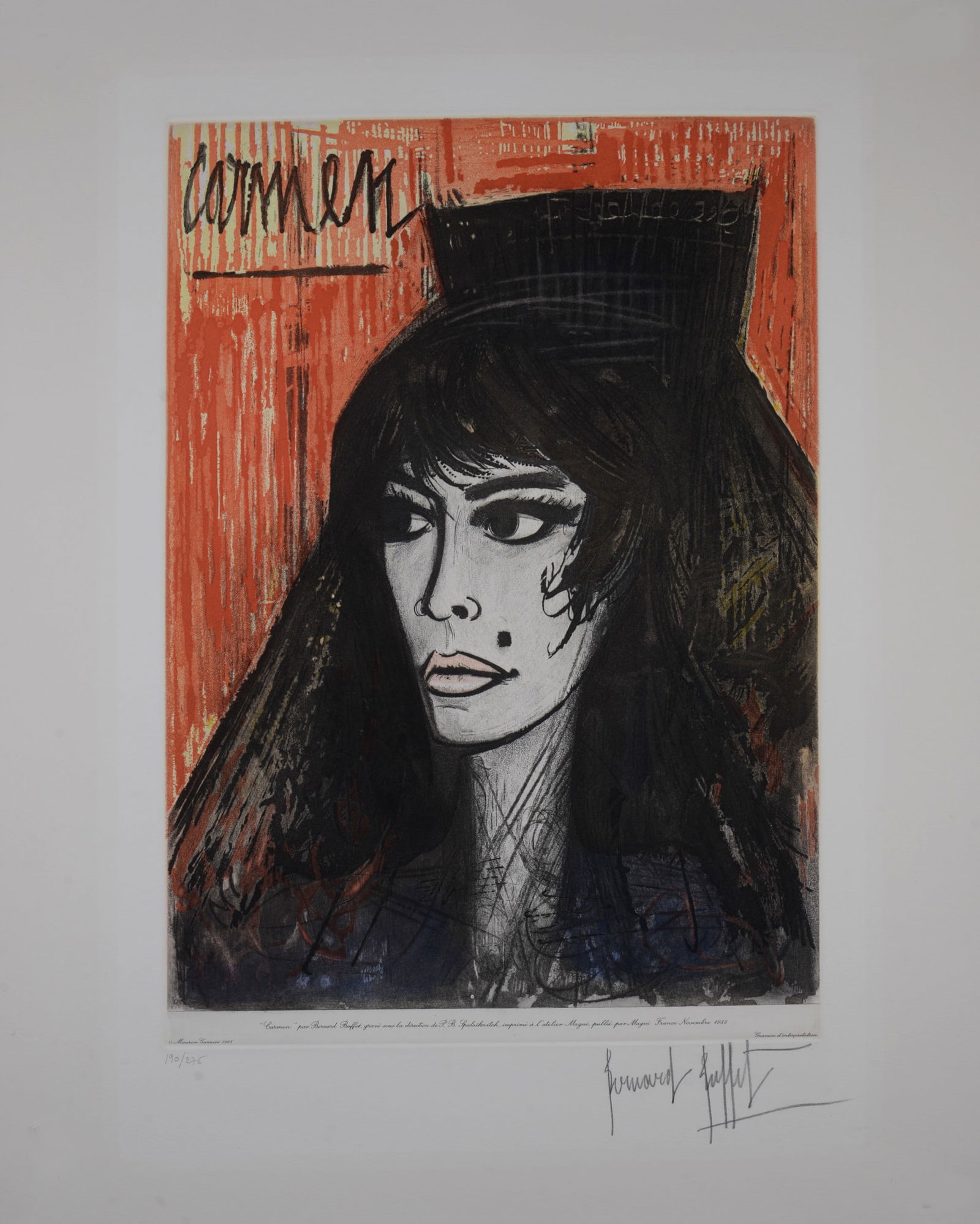 Bernard Buffet - Carmen, 1985: Bernard Buffet (After)Carmen, 1985Hand-signed lower right margin by Bernard BuffetEtching on Velin d'Arches paper.Hand-signed lower right margin & Numbered 190/275 on the bottom left corner.Annotated