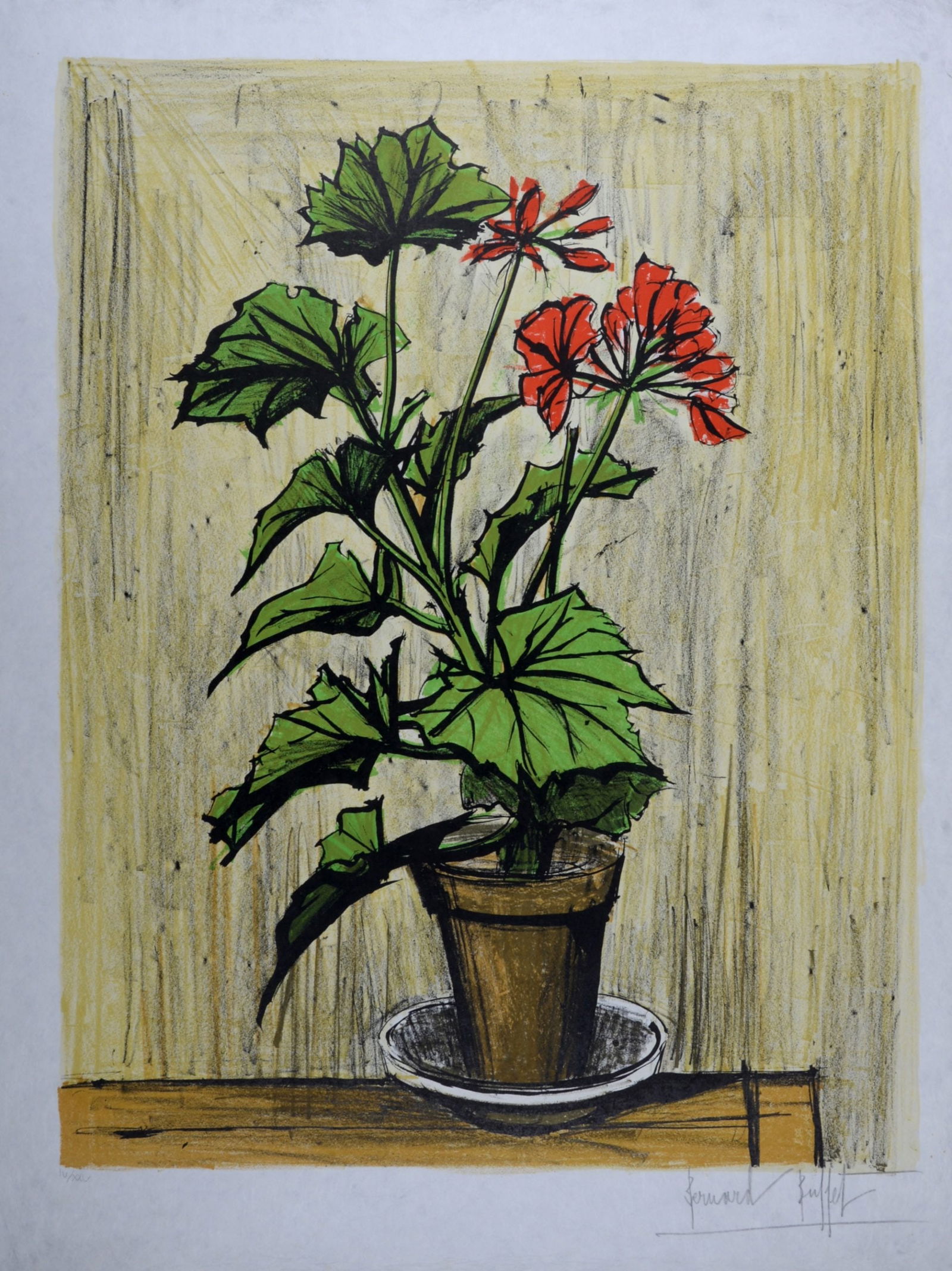 Bernard Buffet : Le pot de geraniums, 1976 - Hand-signed: Bernard Buffet (1928-1999)Le pot de geraniums, 1976Lithograph on pearly Japan paper.Hand-signed in pencil lower right margin.Numbered in pencil IV/XXL lower left.Dimensions:+ Size of the sheet: 75,5 x
