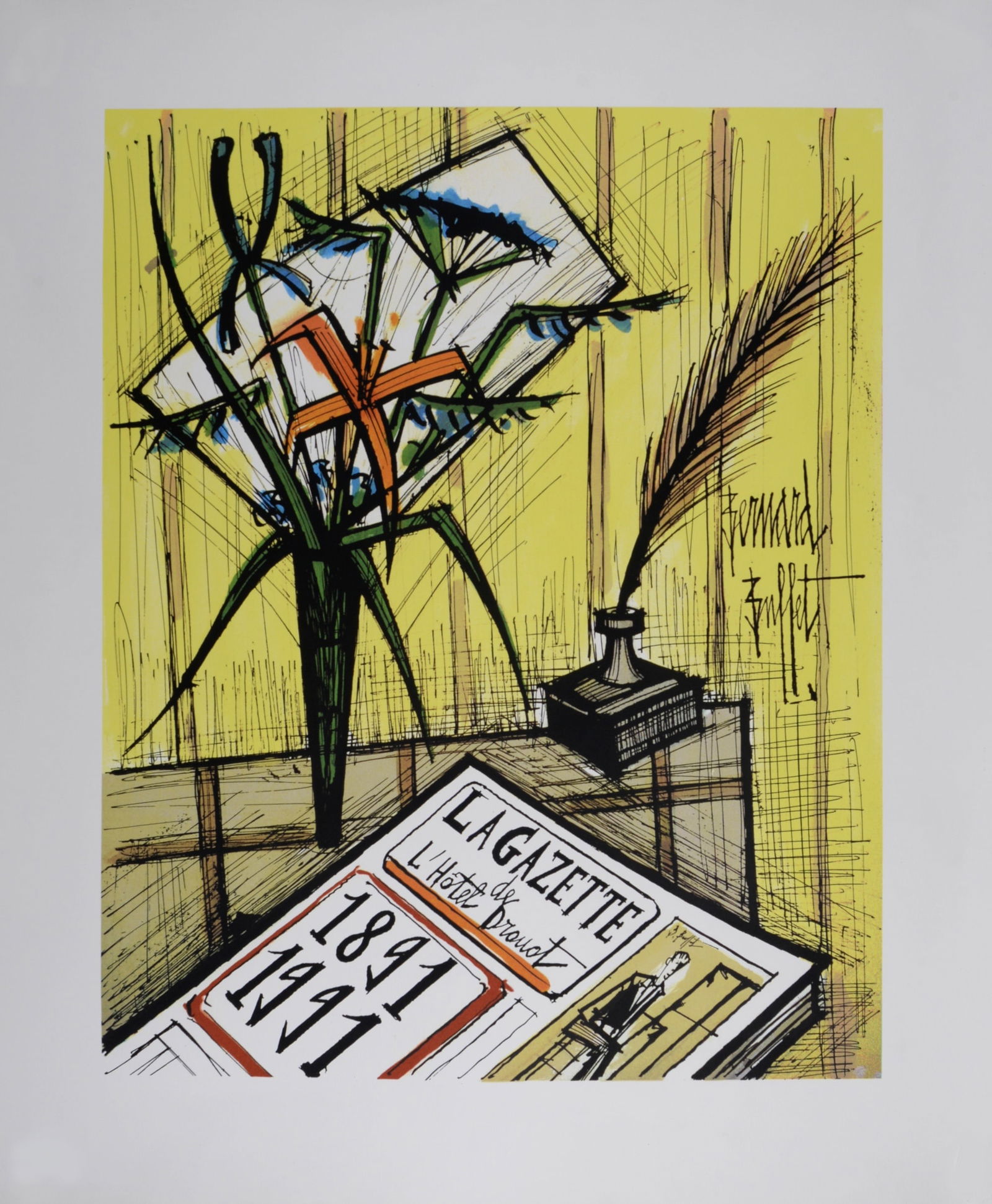 Bernard Buffet : La Gazette de l'Hotel Drouot, 1991: Bernard Buffet (1928-1999)La Gazette de l'Hotel Drouot, 1991Lithograph in colors on Velin paper.Dimensions :+ Size of the sheet : 63 x 52 cm / 24,8 × 20,5 in+ Size of the image : 50 x 40 cm / 19,7 ×