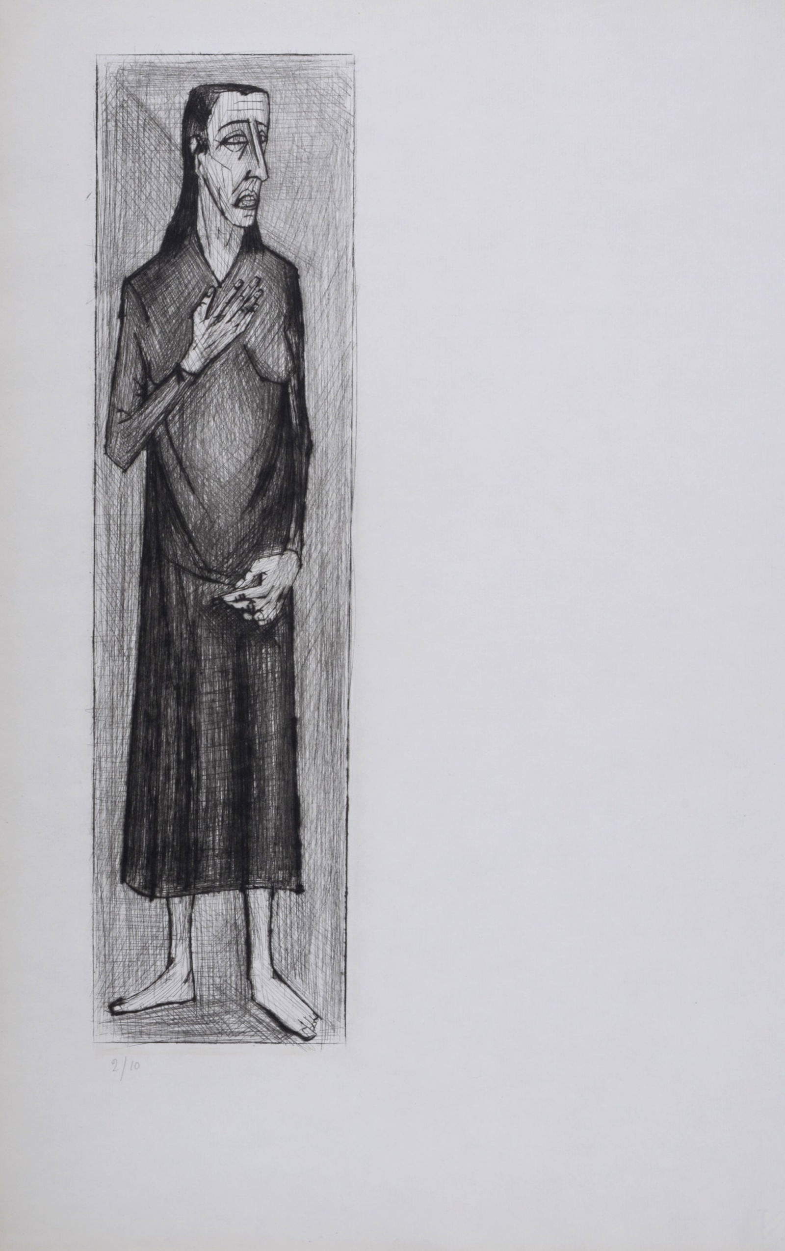 Bernard Buffet : La Passion du Christ #1, 1954: Bernard Buffet (1928-1999)La Passion du Christ #1, 1954Etching (drypoint) on Hollande van Gelder paper.Hand-numbered 2/10 in pencil lower left.Dimension :+ Size of the sheet : 48 x 28,8 cm / 18,9 × 1