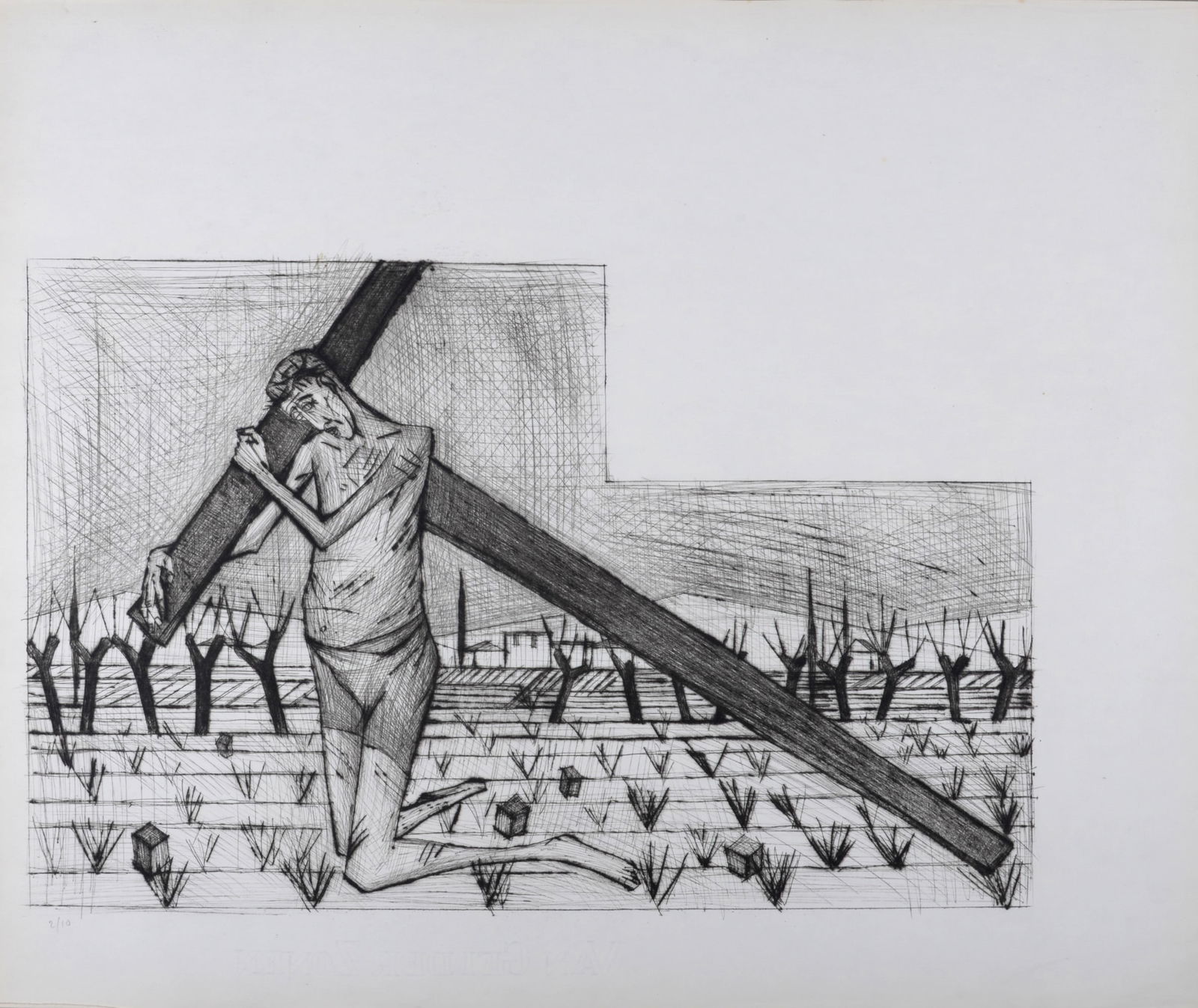 Bernard Buffet : Le Portement de Croix, La Passion du Christ, 1954: Bernard Buffet (1928-1999)Le Portement de Croix, La Passion du Christ, 1954Etching (drypoint) on Hollande van Gelder paper.Hand-numbered 2/10 in pencil lower left.With Van Gelder Zonen watermark lower