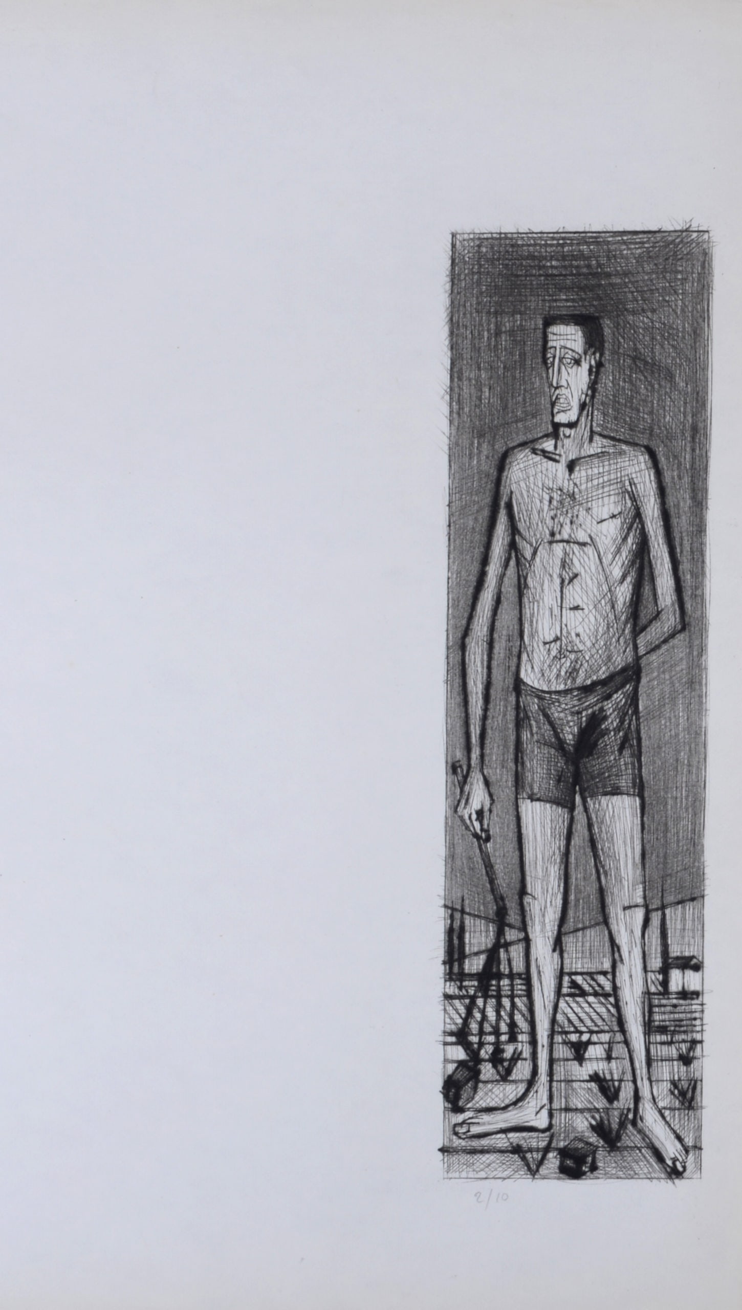 Bernard Buffet : Le bourreau, La Passion du Christ, 1954: Bernard Buffet (1928-1999)Le bourreau, La Passion du Christ, 1954Etching (drypoint) on Hollande van Gelder paper.Hand-numbered 2/10 in pencil lower left.Dimension :+ Size of the sheet : 48,7 x 28,5 cm