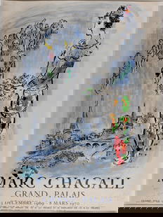 Marc Chagall : Grand Palais, 1969, Hand-signed: Marc Chagall (1887-1985) (After)Grand Palais, 1969Scarce original lithograph poster in colors lithographed by Ch. Sorlier.This one hand-signed and dedicated by Marc Chagall to "Vivianne et Gerard"Dime