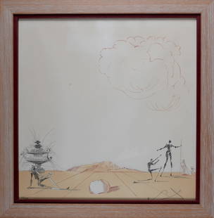 Salvador Dali : Phantasmes de la Plaine de l'Ampurdan, 1968/1980 - Hand-signed: Salvador Dali (1904-1989)Phantasmes de la Plaine de l'Ampurdan, 1968/1980Etching in colors with aquatint on paper.Hand-signed in pencil lower right.Numbered in pencil 25/49 lower left.Dimensions:+ Siz