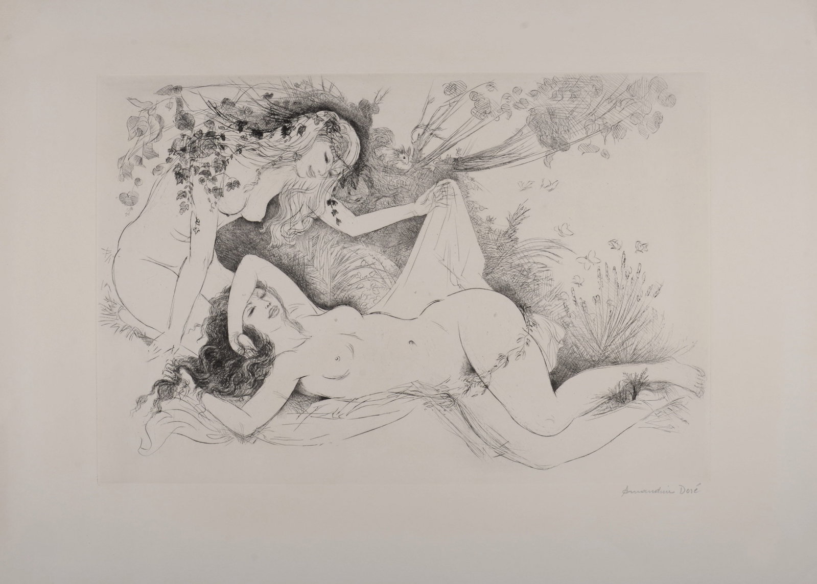 Amandine Dore : Deux femmes, 1970 - Hand-Signed: Amandine Dore (1912-2011) Deux femmes, circa 1970 Original engraving on Arches paper. Hand signed in pencil lower right Dimensions: + Size of the sheet : 76 x 56 cm / 29,9 x 22 in Shipping & Packing: 