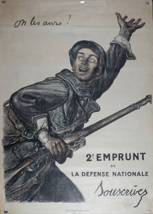 Abel Faivre : 2eme Emprunt de la Defense Nationale, 1918: Abel Faivre (1867-1945)2eme Emprunt de la Defense Nationale, 1918Original poster lithograph in colorsPlate-signed lower left.Dimensions :+ Size of the sheet : approximately 113 x 79 cm / 44,5 x 31,1 i