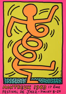 Keith Haring - Montreux Jazz Festival (#A), 1983 - Very large!: Keith Haring (1958-1990)Montreux Jazz Festival, 1983Very large silkscreen on paper.First edition.Signed on the plate in the right margin.Dimensions :+ Size of the sheet: 100 x 70 cm / 39,3 x 27,5 in.I