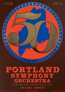 Robert Indiana - Portland Symphony Orchestra, 50th Anniversary, 1974: Robert Indiana (1928-2018)Portland Symphony Orchestra, 50th Anniversary, 1974Large silkscreen and foil print in colors on gold paper.With the imprint copyright "Robert Indiana 1974 " lower right.Dimen