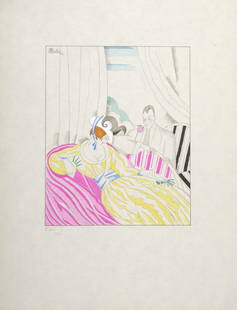 Charles Martin - La Loge, 1919: Charles Martin (1848-1934)La Loge, 1919Hand-colored pochoir print with watercolor on Japan paper.Perfect impression on extremely fine Japanese paperHand-numbered n°801/1100 in pencil lower left.Plate