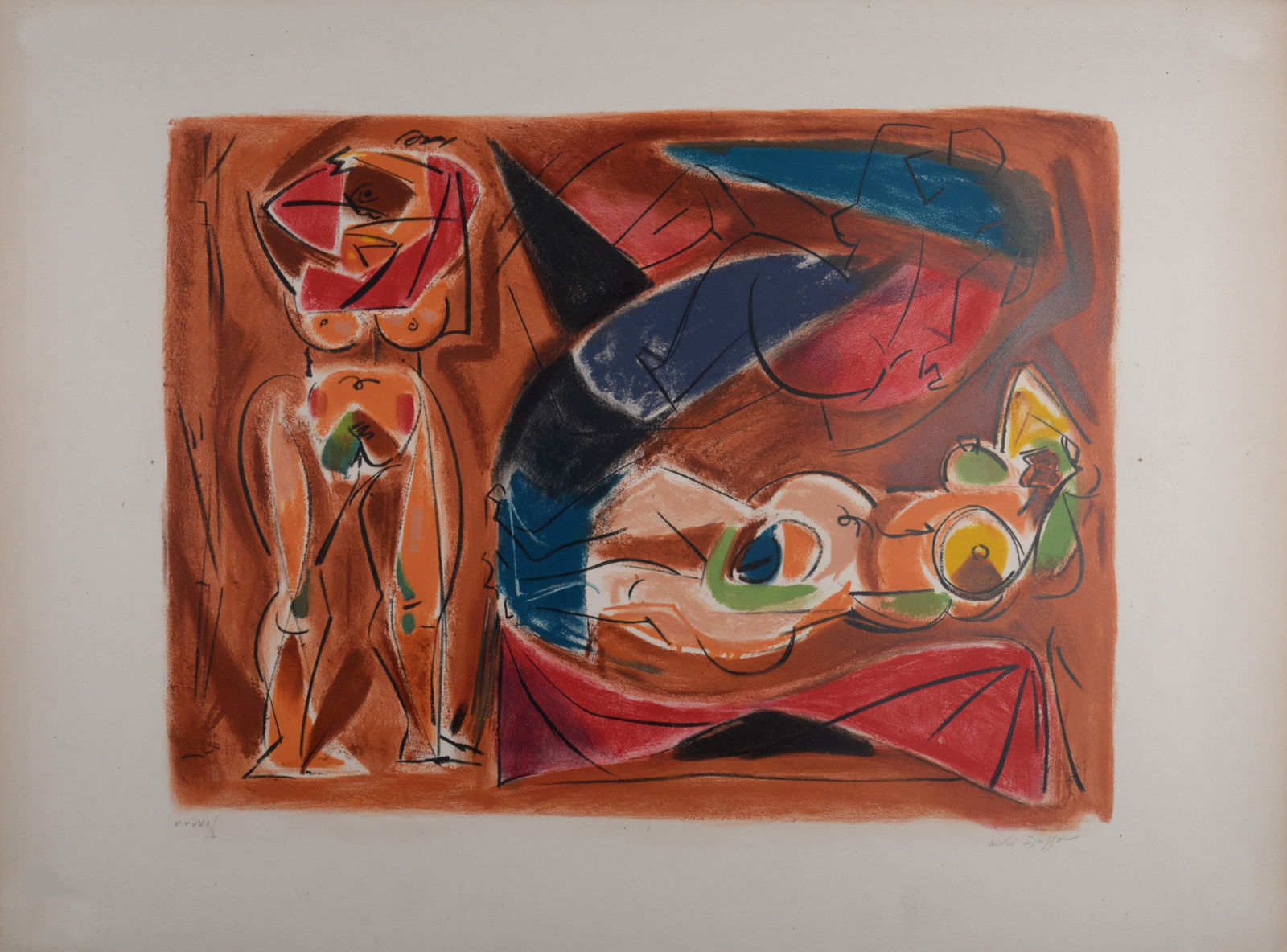Andre Masson : Odalisque, circa 1960 - Hand-signed: Andre Masson (1896–1987)Odalisque, circa 1960Lithograph in colors on Velin d'Arches paper.Hand-signed in pencil lower right margin.Numbered XXXVI/L in pencil lower left margin.With Arches watermark