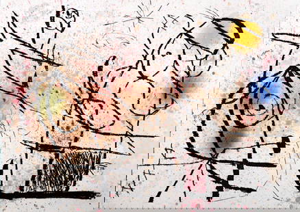 Joan Miro - Le Courtisan grotesque XI, 1974: Joan Miro (1893-1983)Le Courtisan grotesque XI, 1974 Etching (color aquatint) on Auvergne paper, printed on double pages.PLATE: PL. #XI.Numbered 49/110 on the justification page of the portfolio (a co