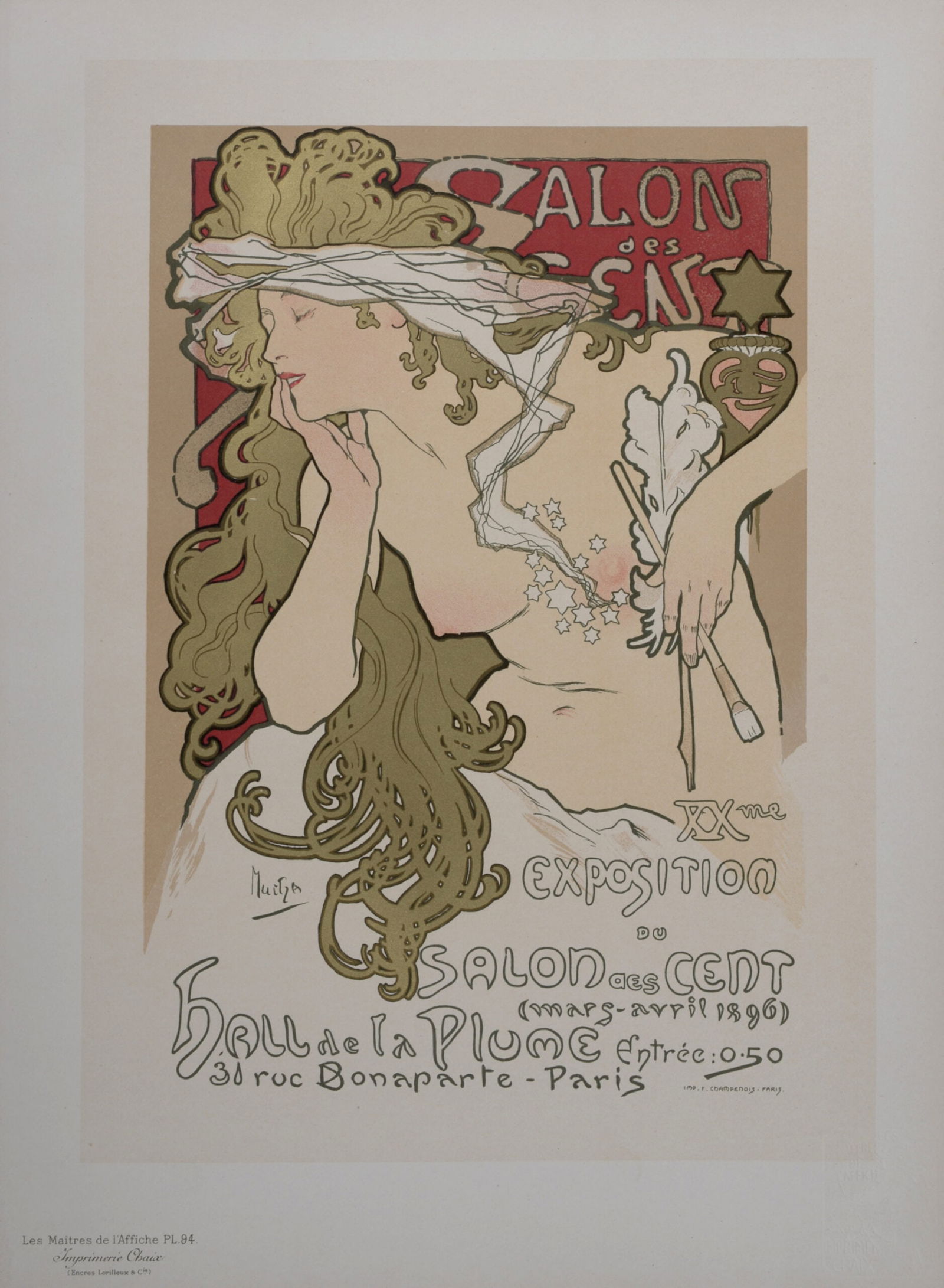 Alphonse Mucha - Les Maitres de l' Affiche : Salon des Cent, 1897: Alphonse Mucha (1860-1939)Salon des Cent, 1897Les Maitres de l' Affiche : Pl. 94Lithograph on wove paper, enhanced with golden ink.Signed on the plateDimensions :+ Size of the sheet : 39,4 x 28,7 cm /