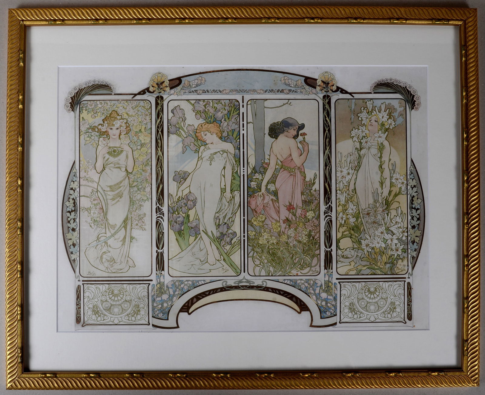 Alphonse Mucha : The Flowers (one sheet), circa 1900: Alphonse Mucha (1860-1939)The Flowers (one sheet), circa 1900Original decorative panel lithograph on paperPlate-signed lower right of each panels.Dimensions:+ Size of the frame: 64 x 78,5 cm / 25,2 x