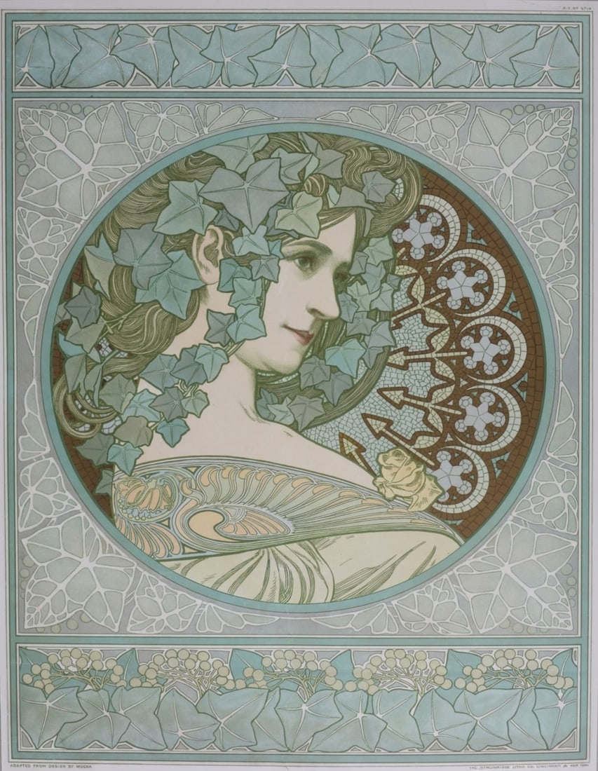 Alphonse Mucha (After) : Henrietta Crosman, circa 1908: Alphonse Mucha (After)Henrietta Crosman, circa 1908Rare lithograph poster in colors with design adapted after Alphonse Mucha's print "Ivy".Annotated in the plate lower left : "Adapted from design by M