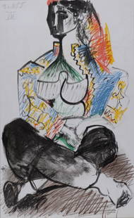 Pablo Picasso : Jacqueline Roque #VII, 1959: Pablo Picasso (After)Jacqueline Roque #VII, 1959Lithograph in colors on Vellum paper.Dated in the plate : 21.11.55. upper left.Printed on the back, with a lithograph in black and white.Dimensions:+Siz