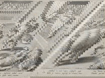 Jan van der Straet, called "Stradanus" : Hannibal Makes Defeated Romans Fight Each Other, circa: Jan van der Straet, called "Stradanus" (1523–1605)Hannibal Makes Defeated Romans Fight Each Other, circa 1596.Etching on fine laid paper.Numbered on plate below the image borderline: (left) “7&rdq