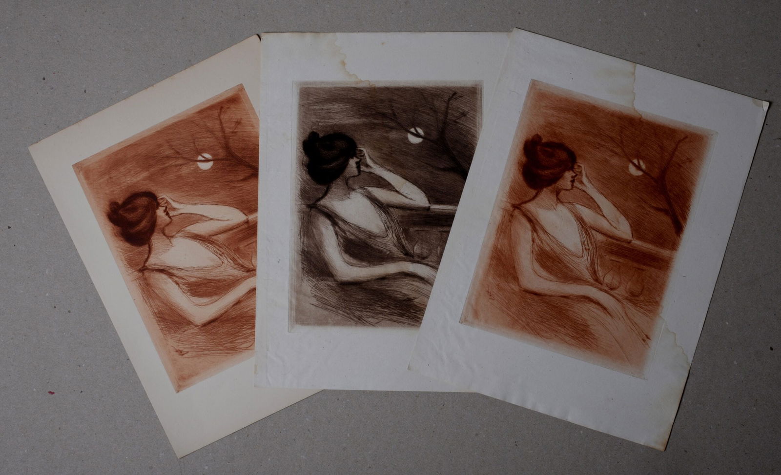 Henri Boutet - Jeune Femme au balcon, 1898: Henri Boutet (1851–1919)Jeune Femme au Balcon, 1898Set of three etchings and aquatints.Two of the prints are plate-signed with Henri Boutet’s initials in the lower left margin.Dimensions:+ Sheet s