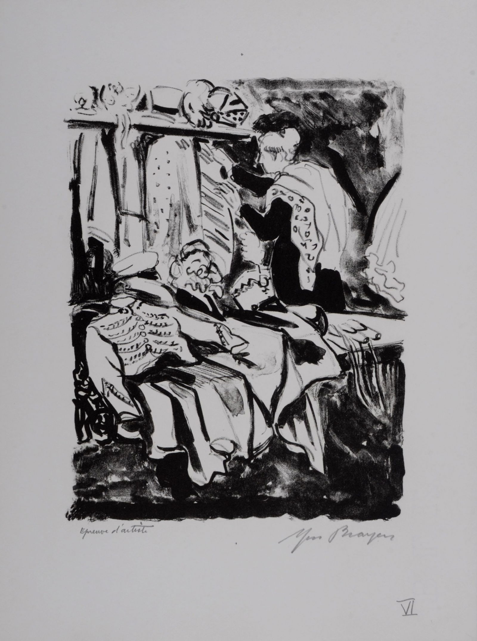 Yves Brayer - L'Atelier de costumes #VI , 1949: Yves Brayer (1907-1990)L'Atelier de costumes #VI , 1949Lithograph in colors on BFK Rives paper.Hand-signed in pencil lower right margin.Annotated in pencil "Epreuve d'artiste" (Artist's proof) lower l