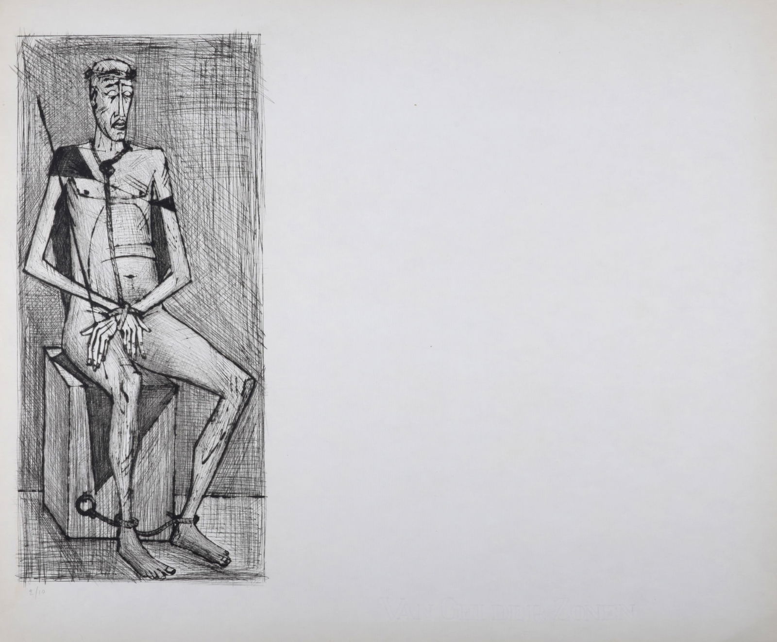 Bernard Buffet : Arrestation et Couronne d'epines, La Passion du Christ, 1954: Bernard Buffet (1928-1999)Arrestation et Couronne d'epines, La Passion du Christ, 1954Etching (drypoint) on Hollande van Gelder paper.Hand-numbered 2/10 in pencil lower left.With Van Gelder Zonen wate