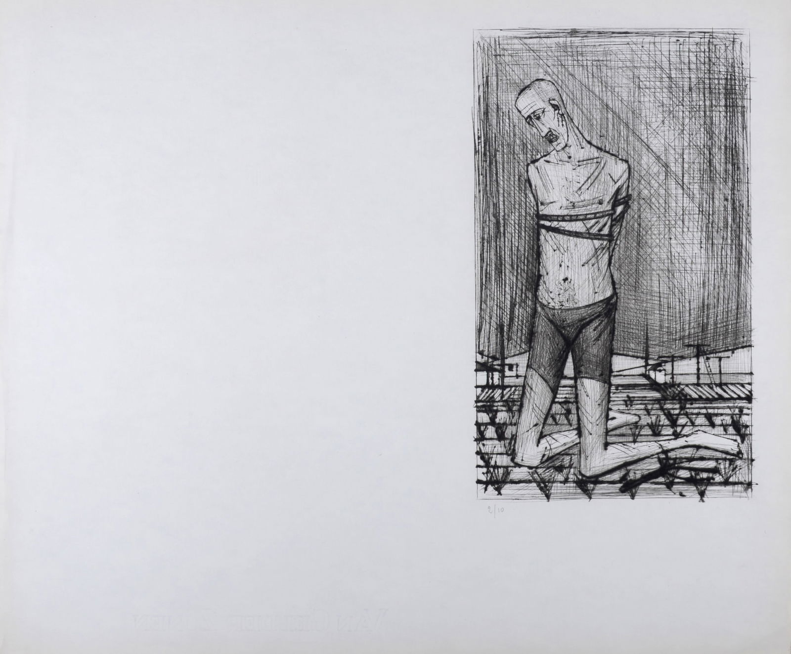 Bernard Buffet : A genoux, La Passion du Christ, 1954: Bernard Buffet (1928-1999)A genoux, La Passion du Christ, 1954Etching (drypoint) on Hollande van Gelder paper.Hand-numbered 2/10 in pencil lower left.With Van Gelder Zonen watermark lower margin.Dimen