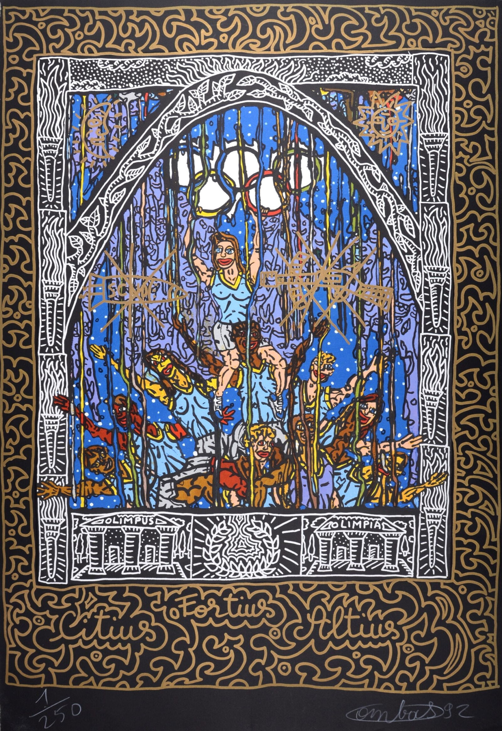 Robert Combas : Citius, Altius, Fortius, 1992 - Hand-signed: Robert Combas (1957-)Citius, Altius, Fortius, 1992.Large silckscreen in colors on Arches paper.Hand-signed and dated at the lower right.Hand-numbered 1/250 at the lower left.With the Olympic blind sta