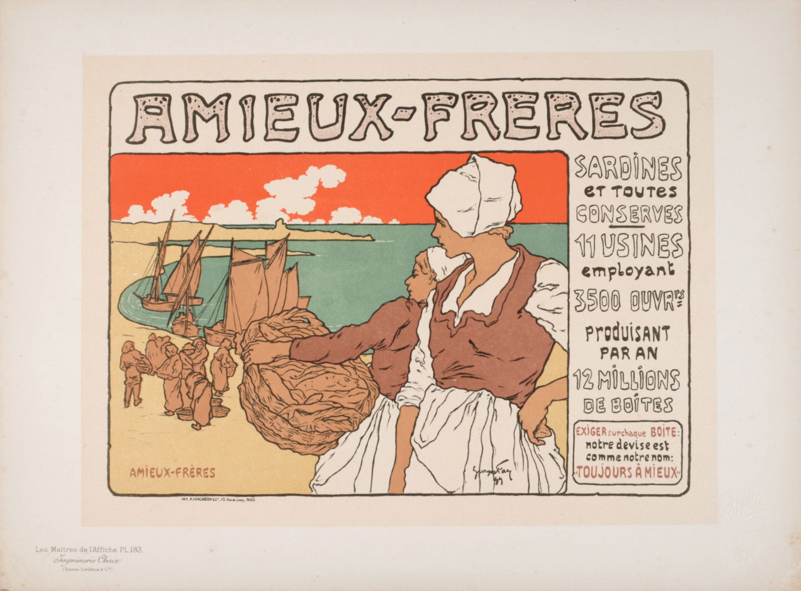 Georges Fay : Les Maitres de l'affiche - Sardines Amieux, 1899: Georges Fay (1871-1916)Sardines Amieux, 1899Les Maitres de L’Affiche : PL. 183Lithograph on wove paper.Signed on the plate lower right margin.Dimensions :+ Size of the sheet : 39,4 x 28,7 cm / 11,3
