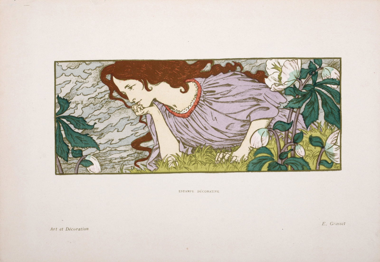 Eugene Grasset : Anxiete, 1897: Eugene Grasset (1845-1917)Anxiete, 1897Lithograph on wove paper.Signed on the plate lower right with monogram.Dimensions:+Size of the sheet: 20,2 x 29,2 cm / 7.9 x 11.5 in.+Size of the image: 8.5 x 21
