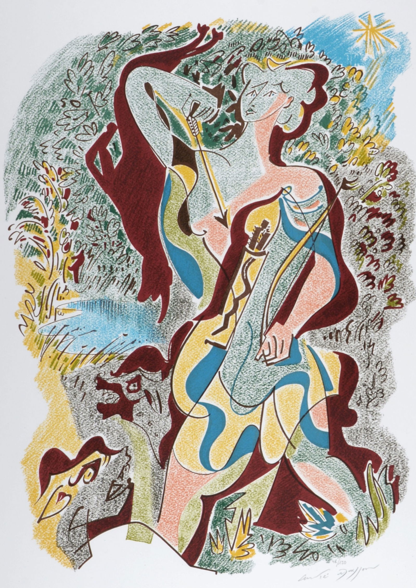 Andre Masson - Sonnets de Louise Labe #4, 1972 - Hand signed!: Andre Masson (1896–1987)Sonnets de Louise Labe #4, 1972Original lithograph in colors on Velin d'Arches paper.Hand-signed in pencil lower right margin.Numbered 131/150 in pencil lower right margin..