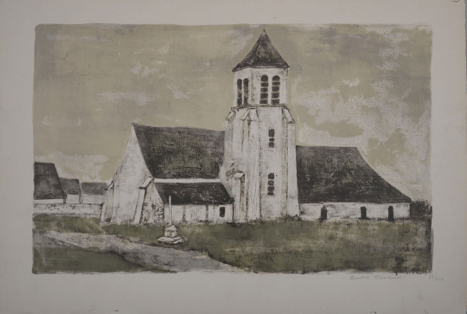 Andre Minaux - L'Eglise, circa 1960- Hand-signed: Andre Minaux (1923-1986)L'Eglise, circa 1960Lithograph in colors on velin "Pur Fil" paper.Hand-signed lower right margin.Numbered 63/220 in pencil lower right margin.Dimensions:+ Size of the sheet : 3