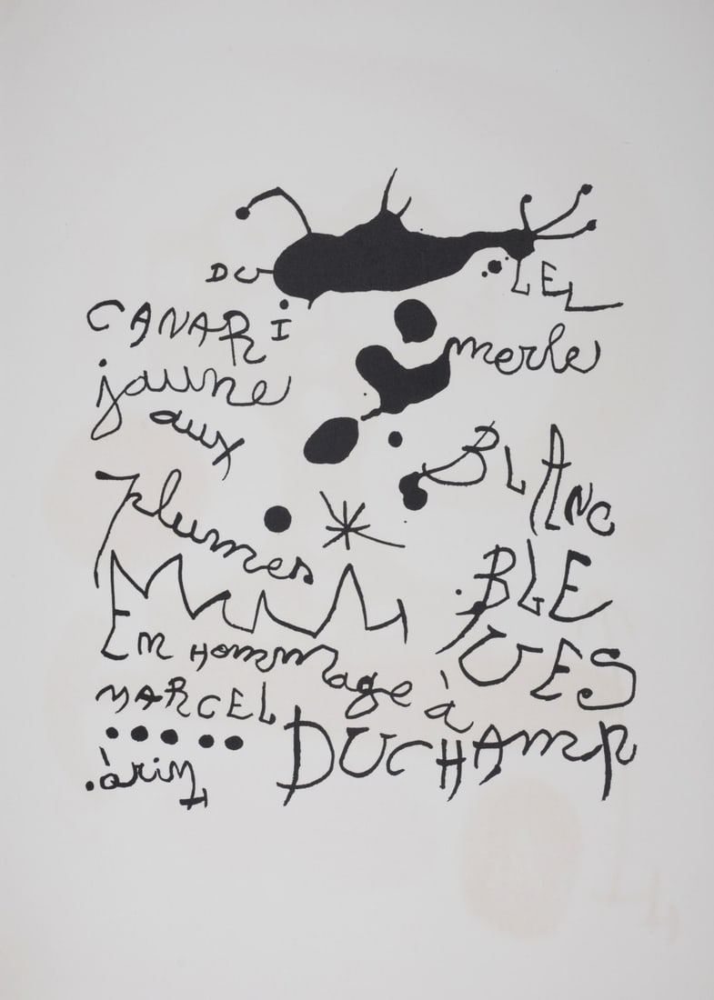 Joan Miro (1893-1983) : Hommage a Marcel Duchamp, 1971: Joan Miro (1893-1983)Hommage a Marcel Duchamp, 1971Lithograph in black and white on wove paper, printed on a double page.Dimensions:+ Size of the sheet : 38 x 28,5 cm / 15,0 x 11,2 inIssued from the p