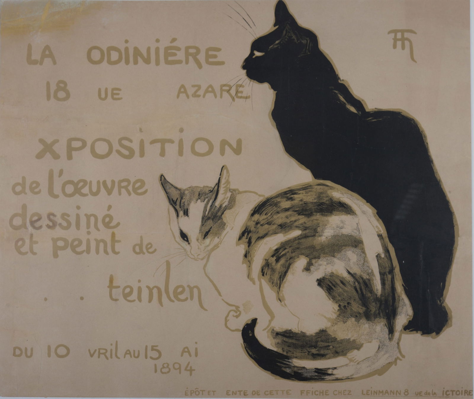 T. A. Steinlen : A la Bodiniere / Exposition, 1894: Theophile Alexandre Steinlen (1859-1923)A la Bodiniere / Exposition, 1894Original lithograph poster, progressive prints of the design, missing one color.Size: 22,8 x 28, 34 in. - 58 x 72 cmPrinted by