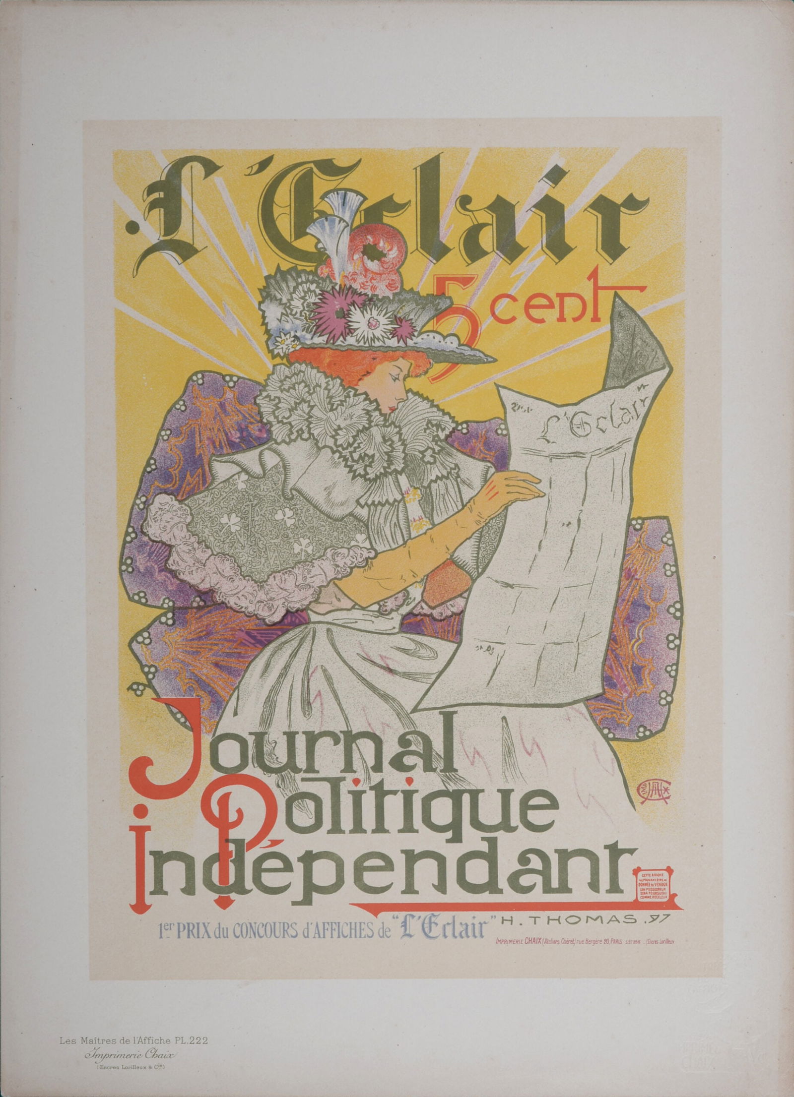 Henry Atwell Thomas : Les Maitres de L’Affiche - Journal "L'Eclair", 1900: Henry Atwell Thomas (1834-1904)Journal "L'Eclair", 1900Les Maitres de L’Affiche : PL. 222Signed on the plate.Dimensions :+ Size of the sheet : 39,4 x 28,7 cm / 15,5 x 11,3 in+ Size of the image: 34,